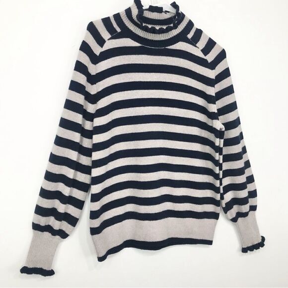 Rebecca Taylor Navy Blue Cream Stripe Merino Wool Ruffle Pullover Sweater - Picture 4 of 16